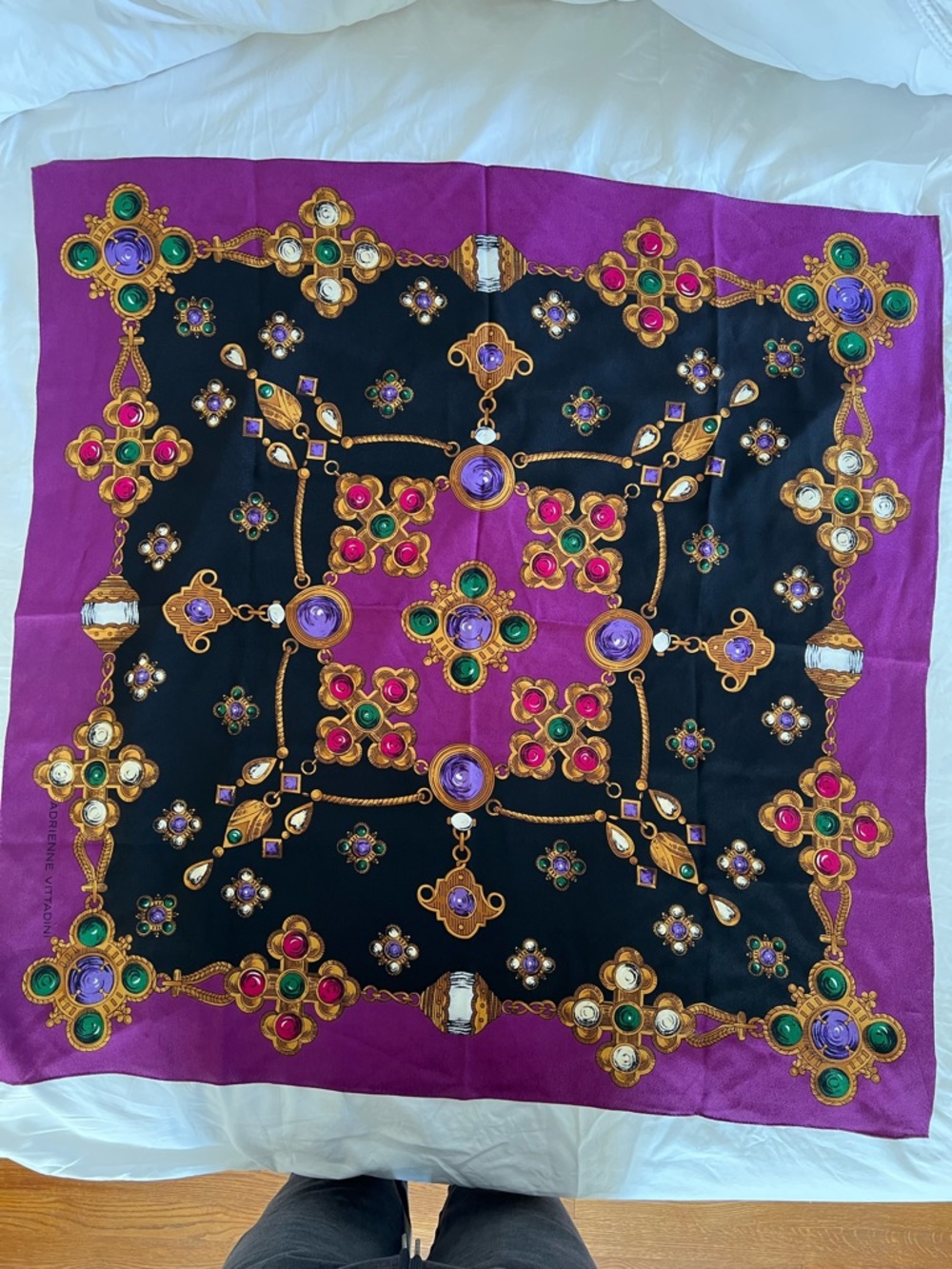 Adrienne Vittadini Square Scarf Jewelry Chain Print Purple Gold Vintage Style - Picture 6 of 6